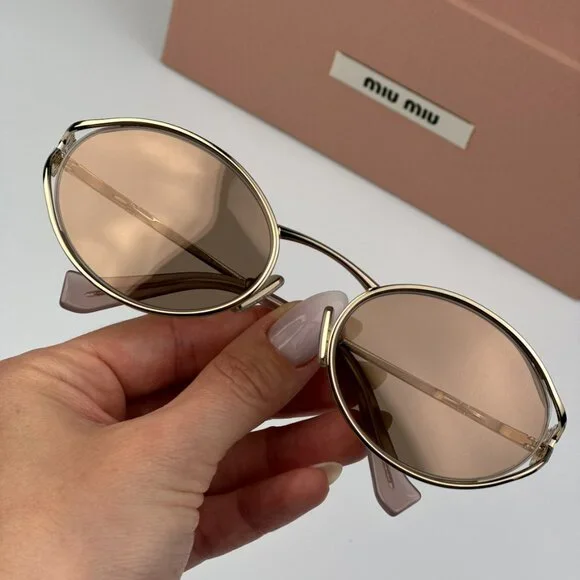 Miu Miu MU52YS ZVN20F BRAND NEW Sunglasses Pink Gold Mirror Silver Oval Unisex - Picture 2 of 11
